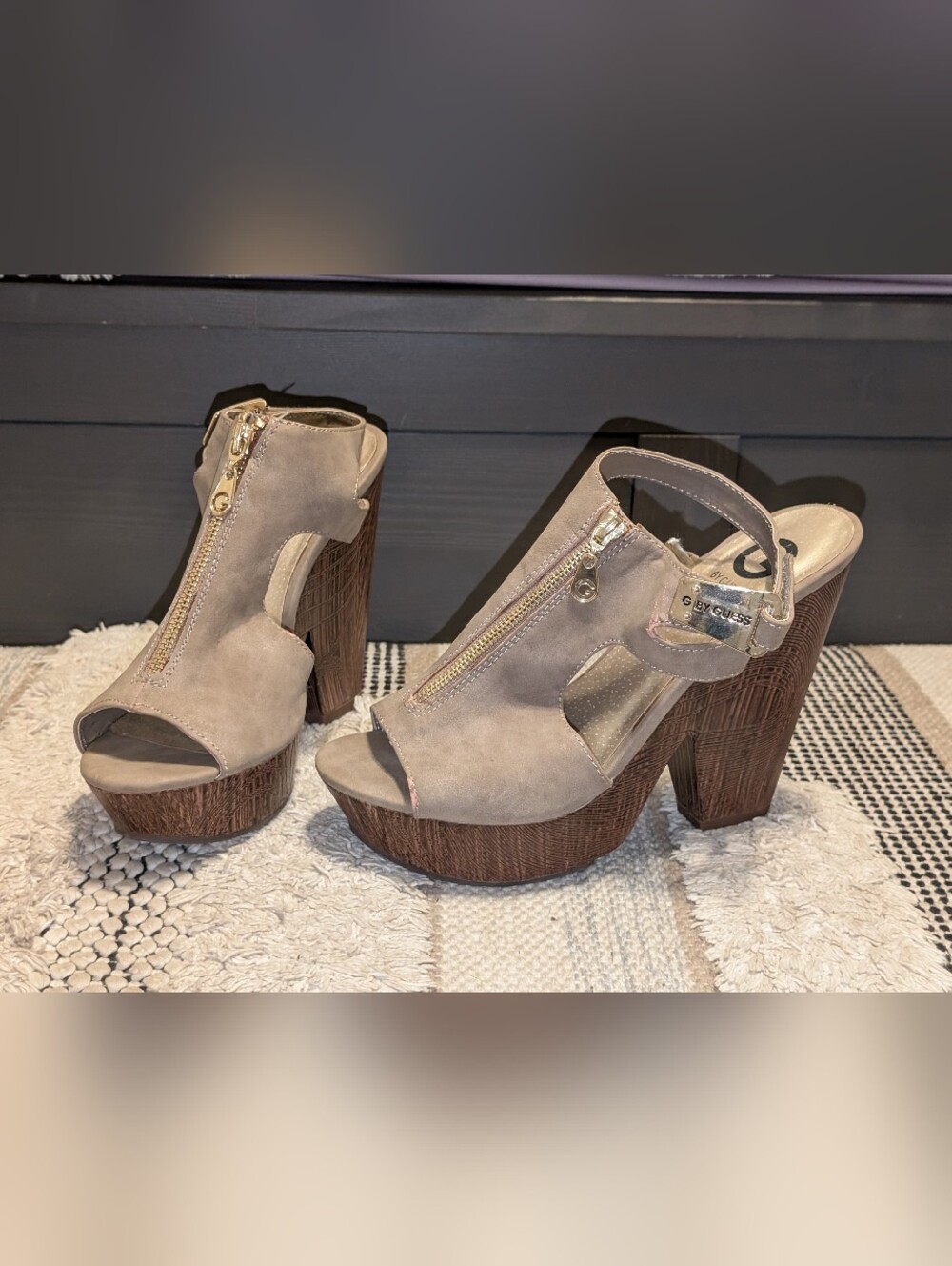 Guess Taupe Suede Platform Peep-Toe Slingback Heels